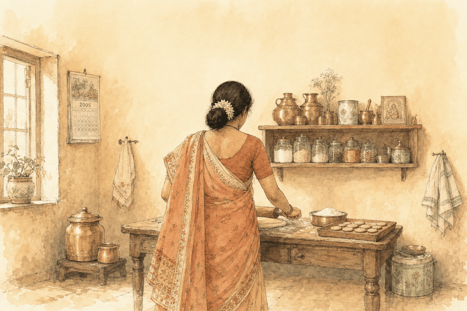 A watercolour of a home kitchen in 2005 — a woman in a saree rolling dough at a wooden table