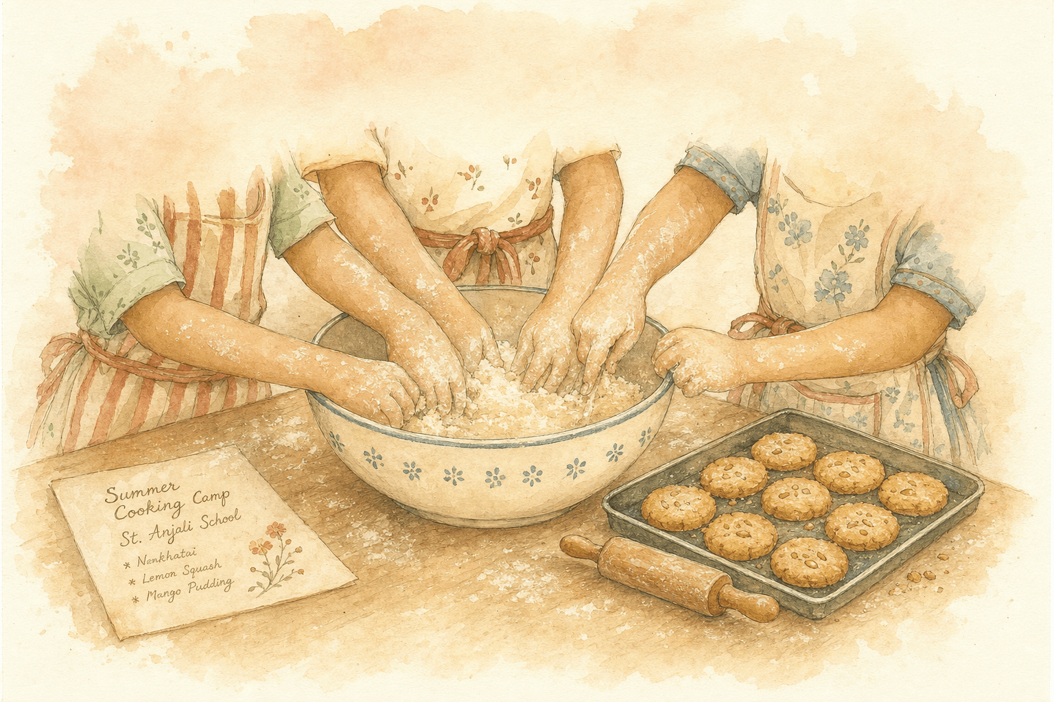 A watercolour of three children's hands clustered around a mixing bowl at a school summer camp
