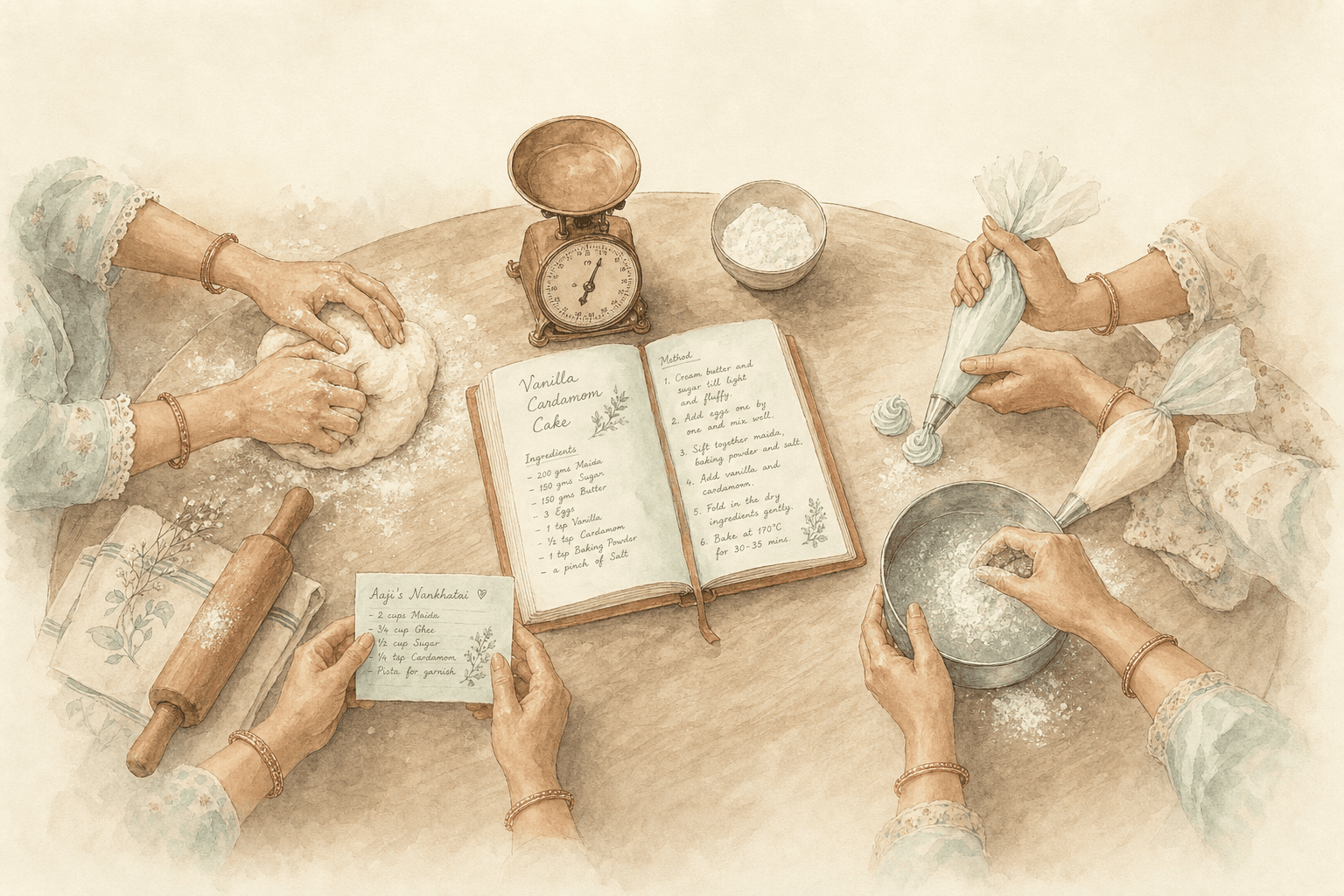 A watercolour of women's hands working at a round dining table set up as a teaching counter
