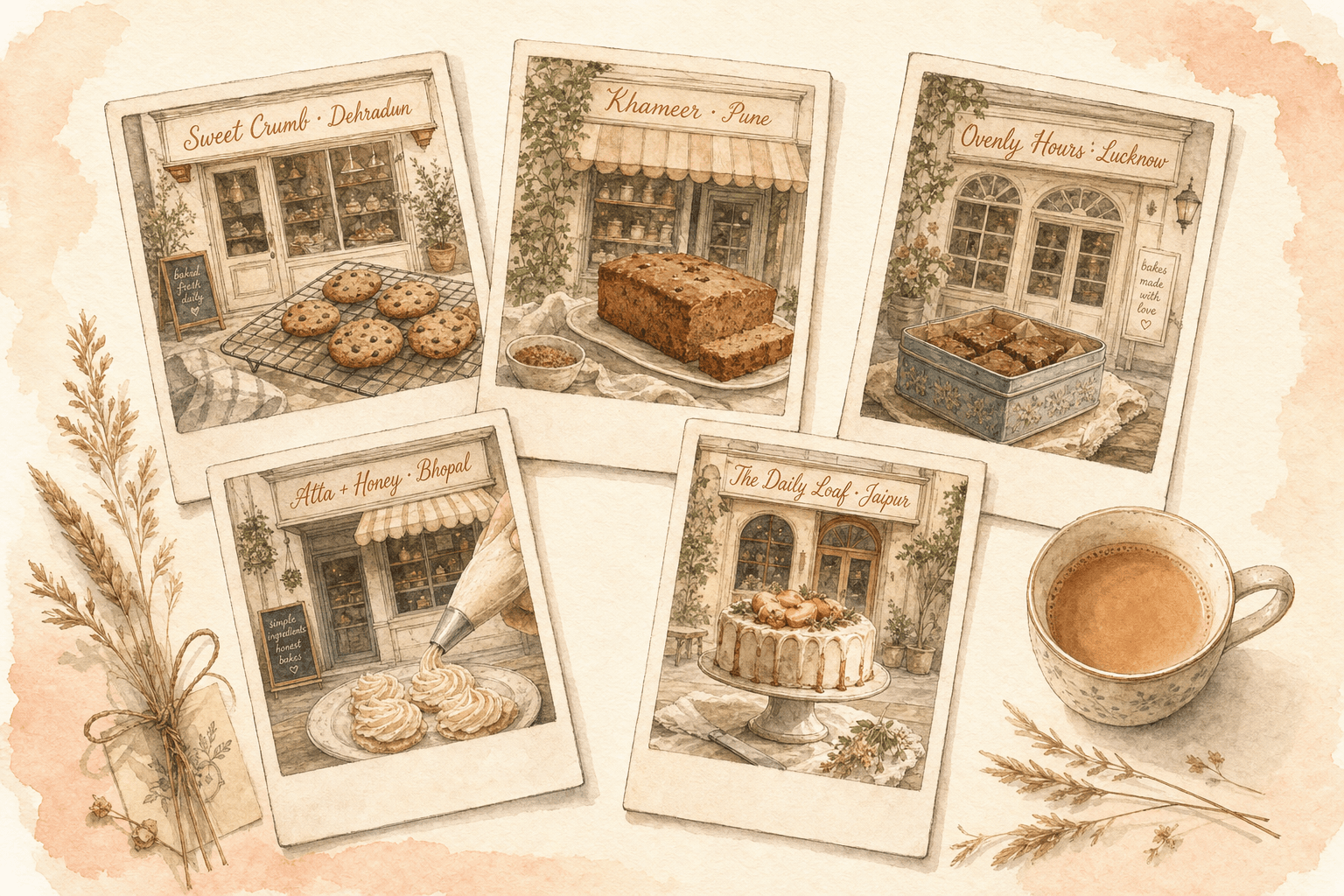 A watercolour flat-lay of five home-bakery scenes arranged like polaroids on a cream surface