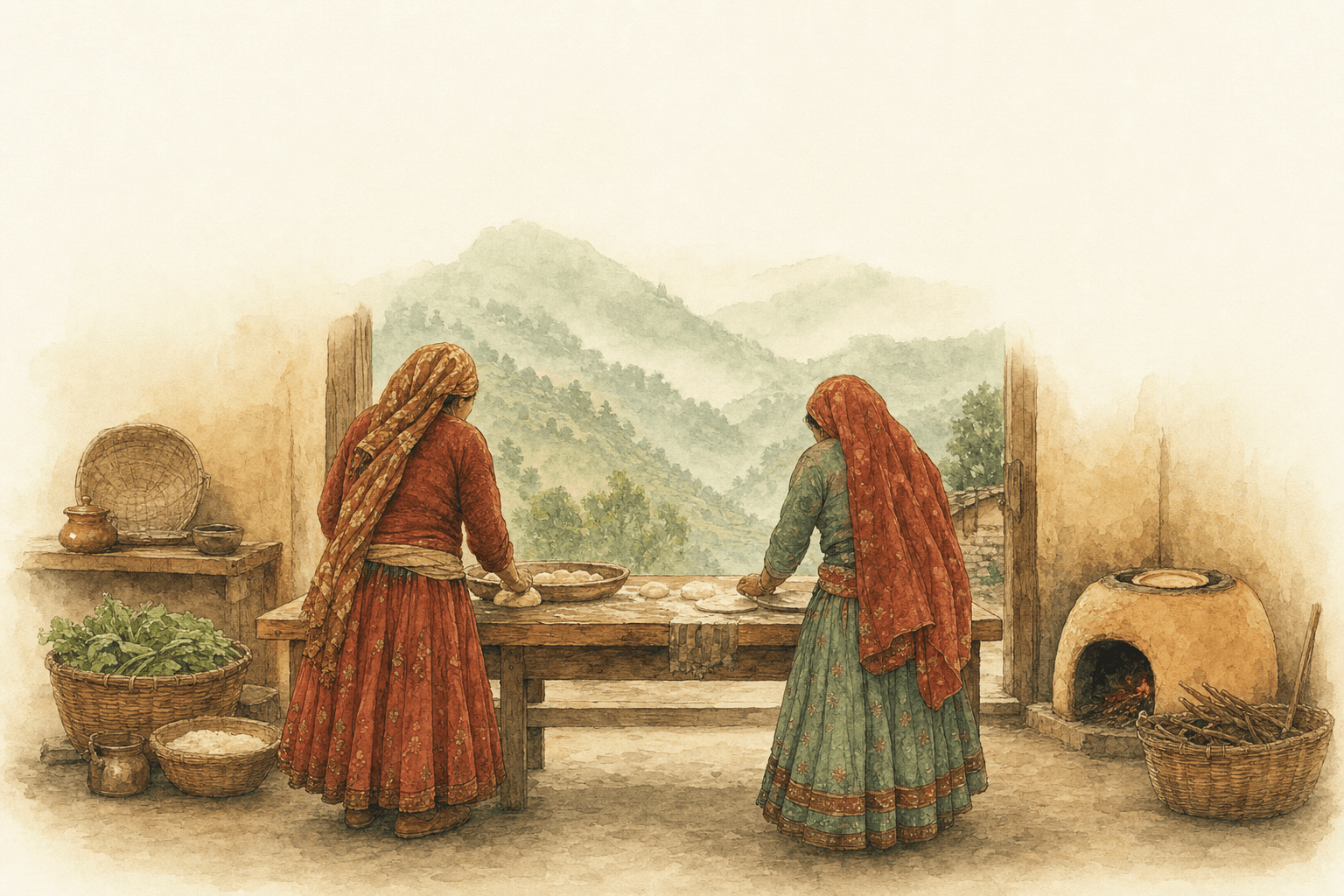 A watercolour of two women in traditional attire shaping dough together in a community kitchen