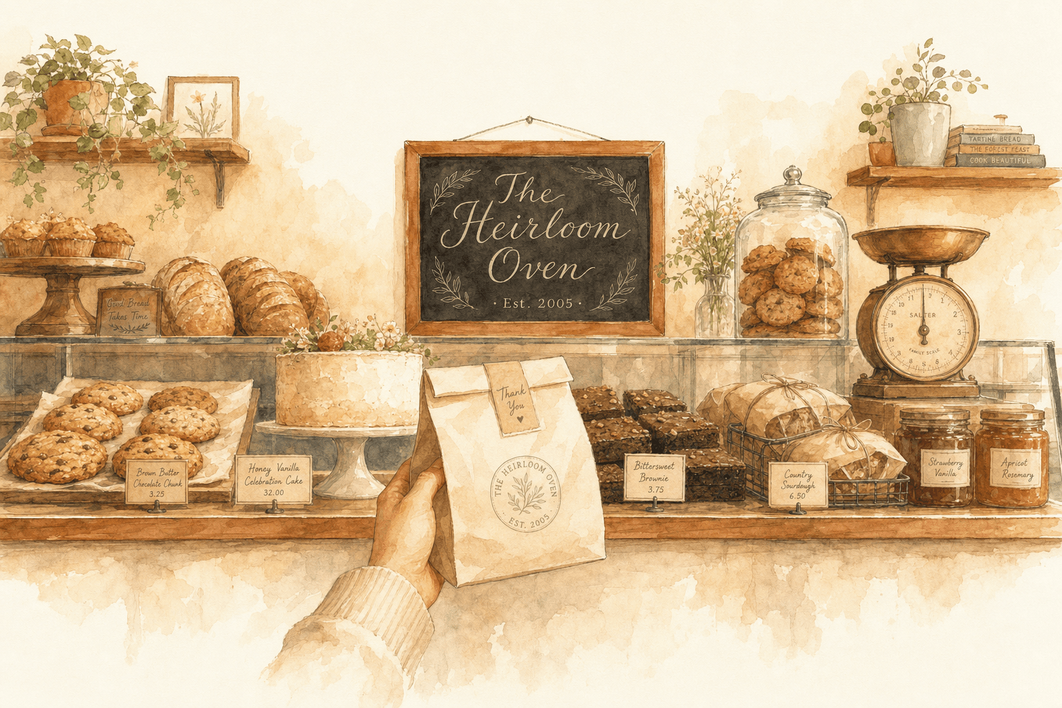 A watercolour of The Heirloom Oven bakery counter — a hand offering a paper bag across a glass case