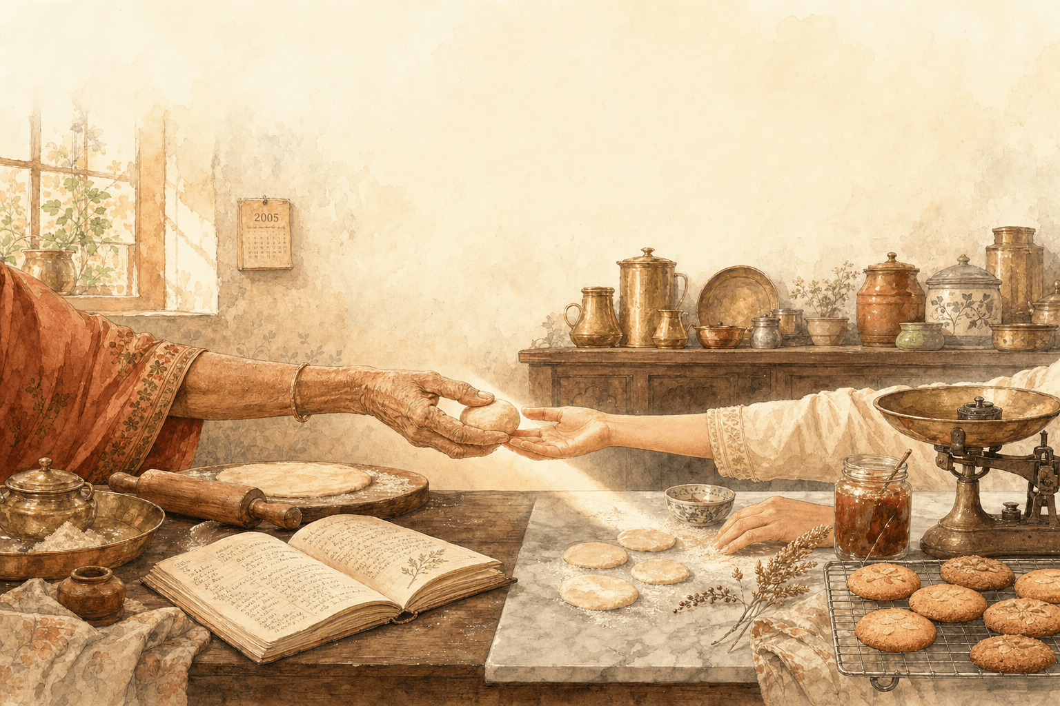 Watercolour panorama — an older weathered hand passes a small ball of dough to a younger hand across a sunlit kitchen counter, a 2005 calendar on the wall, brass utensils and a recipe book scattered along the wood