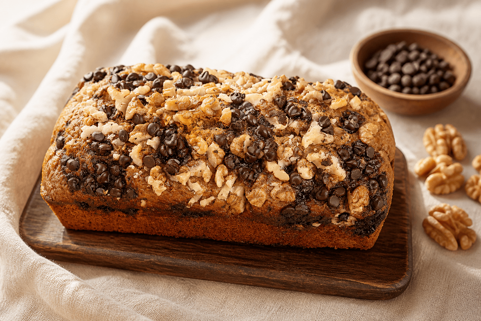 Banana Walnut Loaf — whole wheat, walnuts, dark choco-chips on top