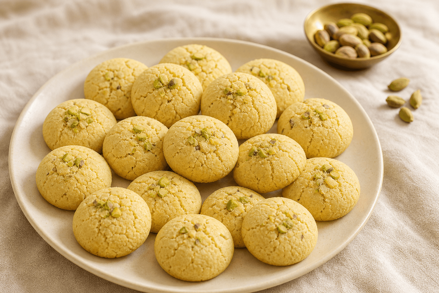 Pista Nankhatai — maida, ghee, sugar, elaichi, crowned with pistachios
