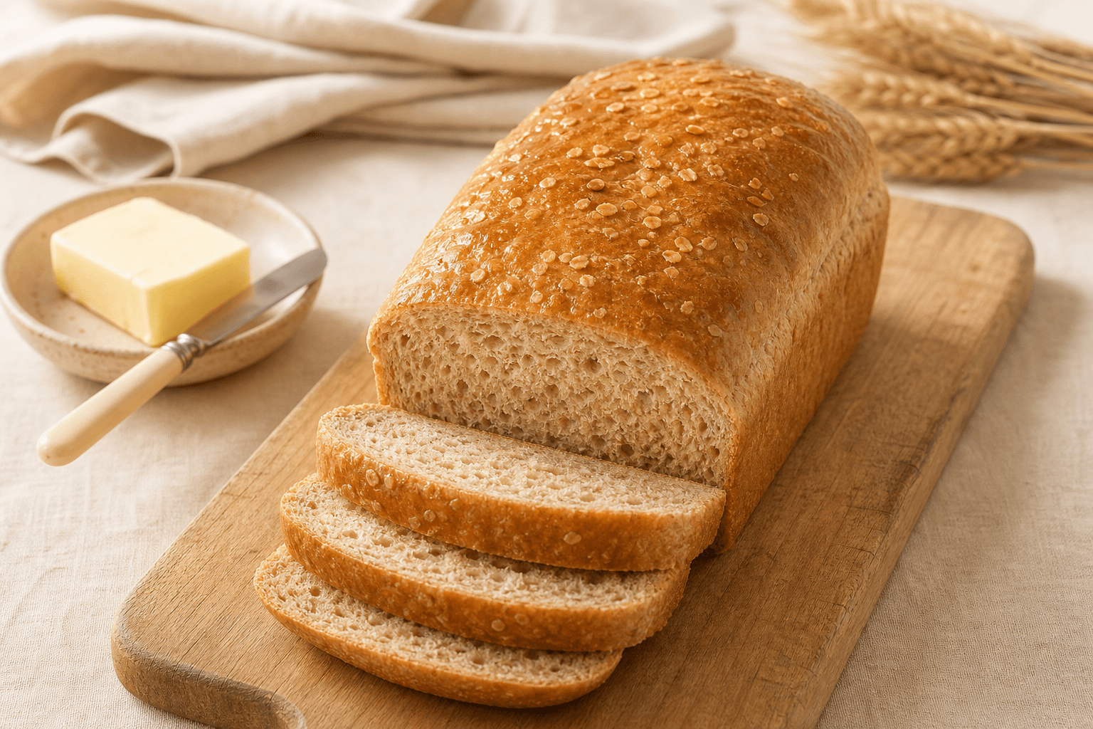 The Heirloom Brown Loaf, sliced on a wooden board with butter