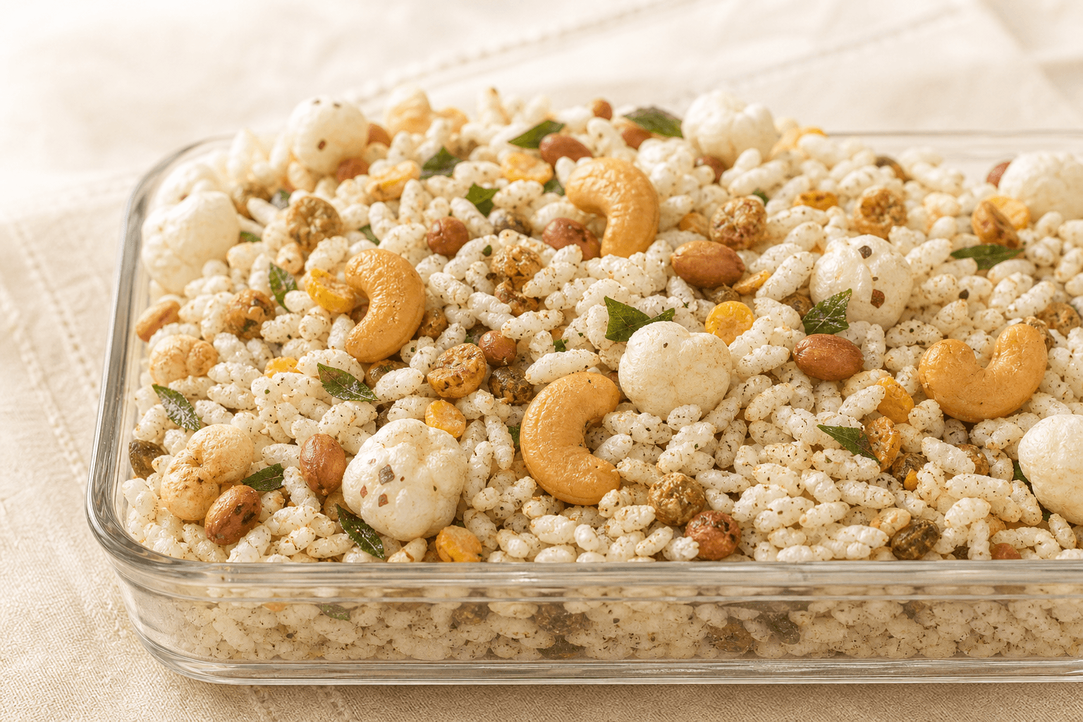 The Light Namkeen — puffed rice, makhana, peanuts, cashews, curry leaves