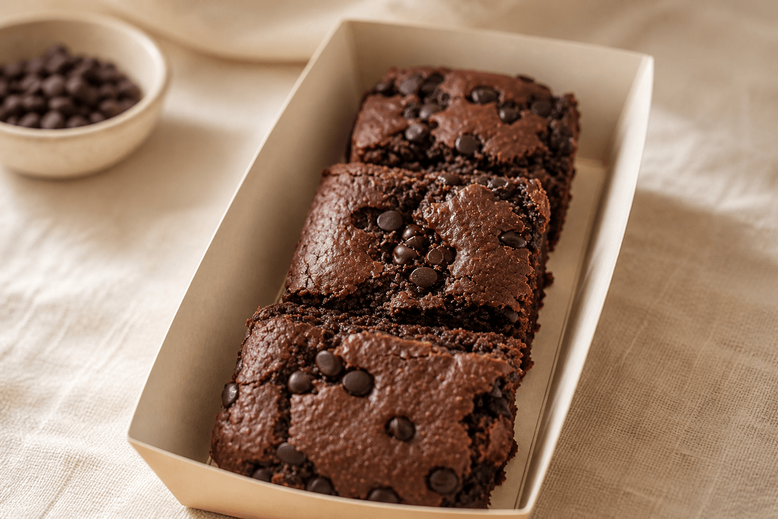 Ragi Brownies in a kraft tray, fudgy with dark choco chips